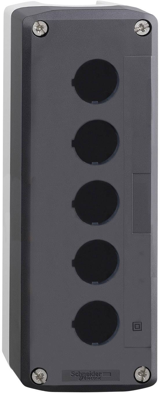 Barrette multiprises noire à cinq emplacements, disposée verticalement et fixée sur une surface grise.