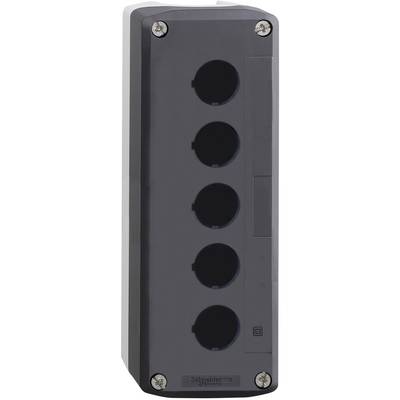 Barrette multiprises noire à cinq emplacements, disposée verticalement et fixée sur une surface grise.