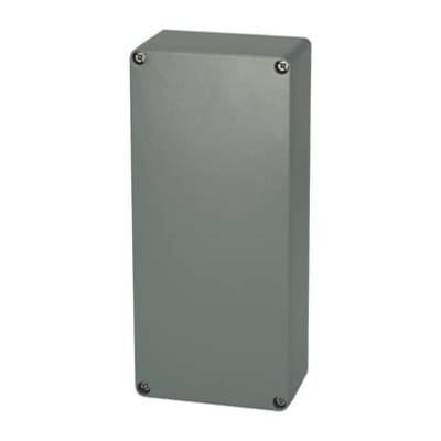 Boîtier rectangulaire gris métallique avec des coins arrondis et quatre vis apparentes aux angles de la face avant.