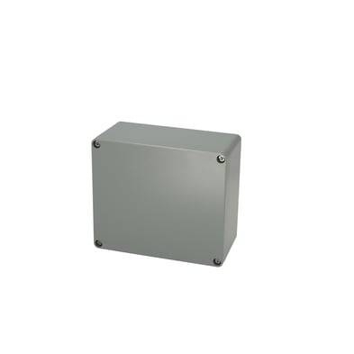 Un boîtier rectangulaire gris aux coins arrondis, avec quatre vis à chaque angle sur la face avant.