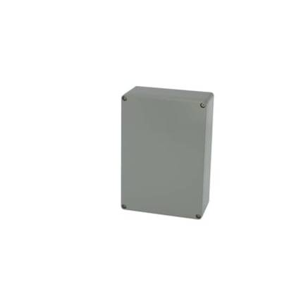 Un boîtier rectangulaire en métal gris aux angles arrondis, équipé de vis aux coins, adapté aux composants électroniques.