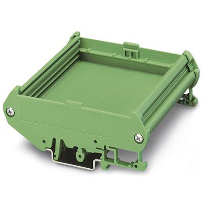 Boîtier électronique vert modulaire avec clips et vis pour fixation sur rails DIN. Adapté aux applications industrielles.