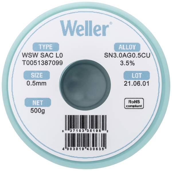 Étain à souder sans plomb Sn3,0Ag0,5Cu 0.5 mm Weller WSW SAC L0 bobine 500 g