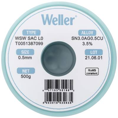 Rouleau de soudure de la marque Weller, type WSW SAC LO, avec un diamètre de fil de 0,5 mm, poids net de 500 g. Alliage : SN3.0AG0.5CU, 3,5%.