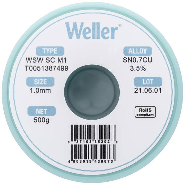 Étain à souder sans plomb Sn0,7Cu 1 mm Weller WSW SC M1 bobine 500 g