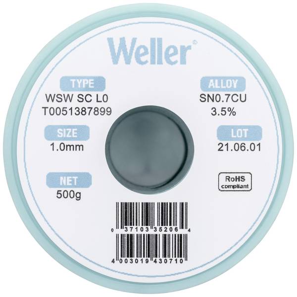 Étain à souder sans plomb Sn0,7Cu 1 mm Weller WSW SC L0 bobine 500 g