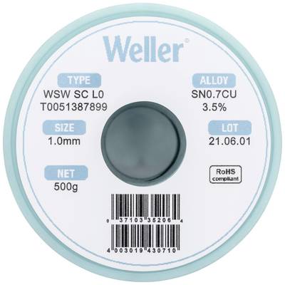 Bobine de soudure Weller, type WSW SC L0. Alliage : SN0.7CU 3.5%, Taille : 1,0 mm, Poids : 500 g, Lot : 21.06.01, conforme RoHS.
