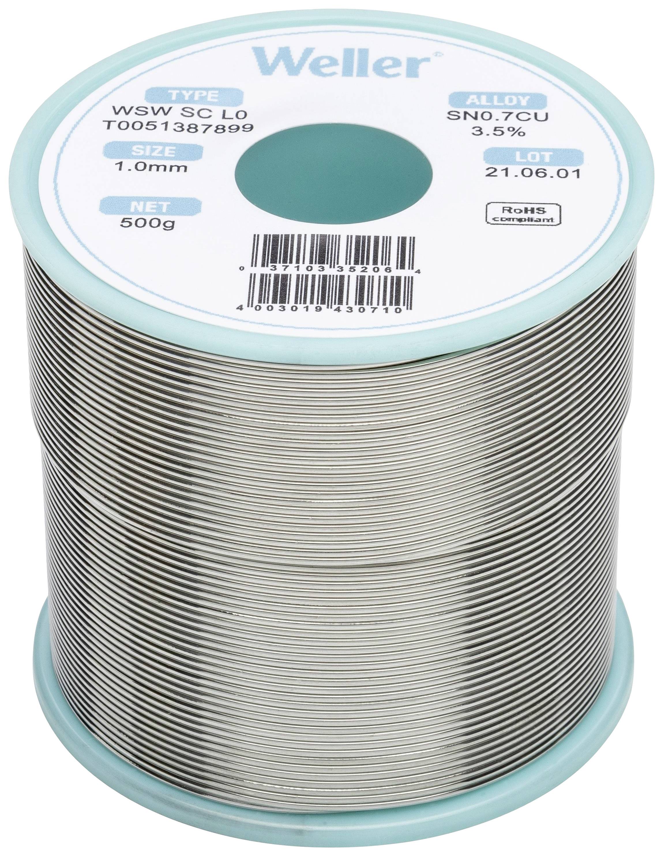Un grand rouleau de fil de soudure argenté portant l'inscription 'Weller' sur le dessus. Taille : 1,0 mm, poids net : 500g, alliage : SN0,7Cu, 3,5 %.