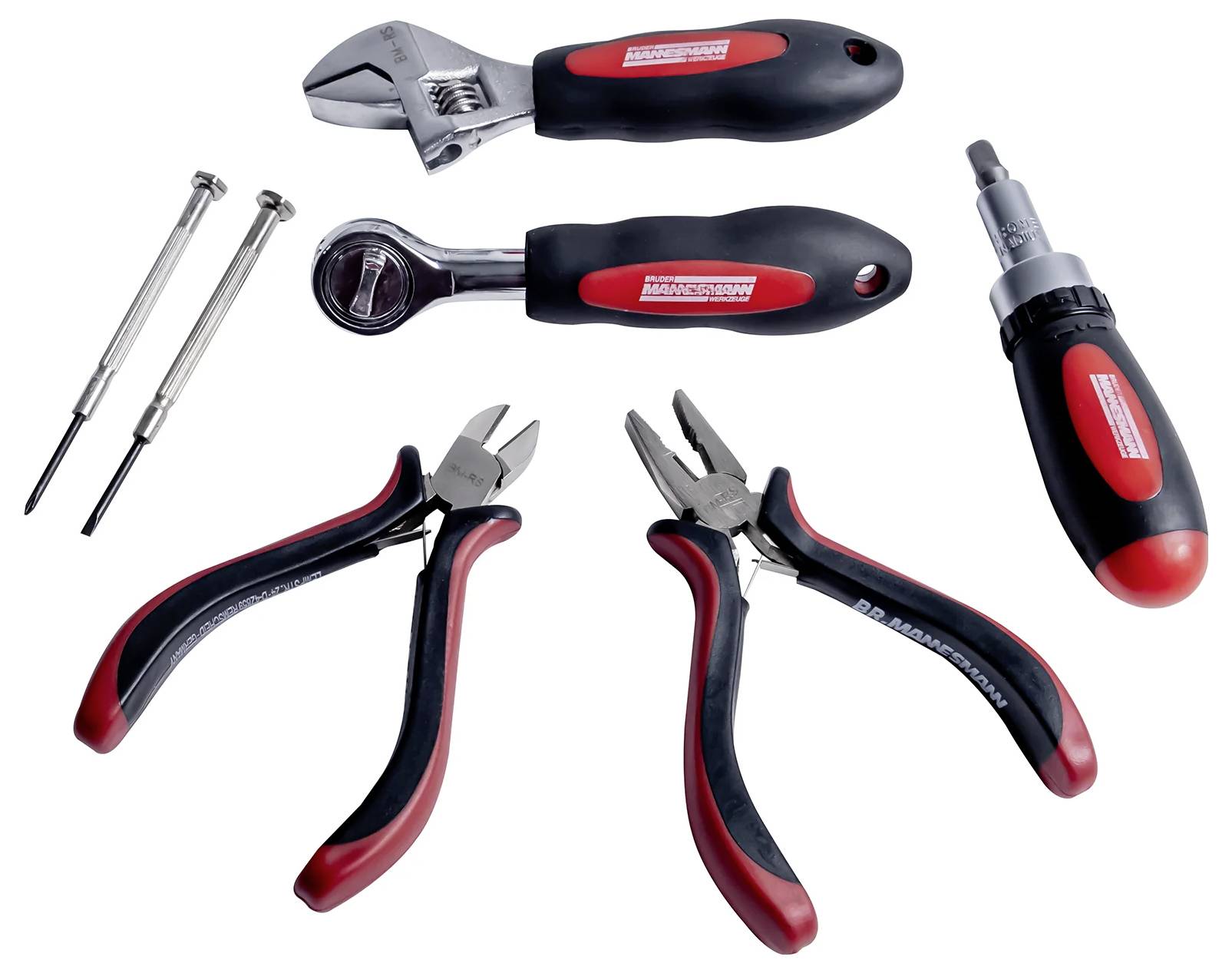 Un ensemble de cinq outils manuels : une clé à molette, deux tournevis, une pince et un coupe-fil.