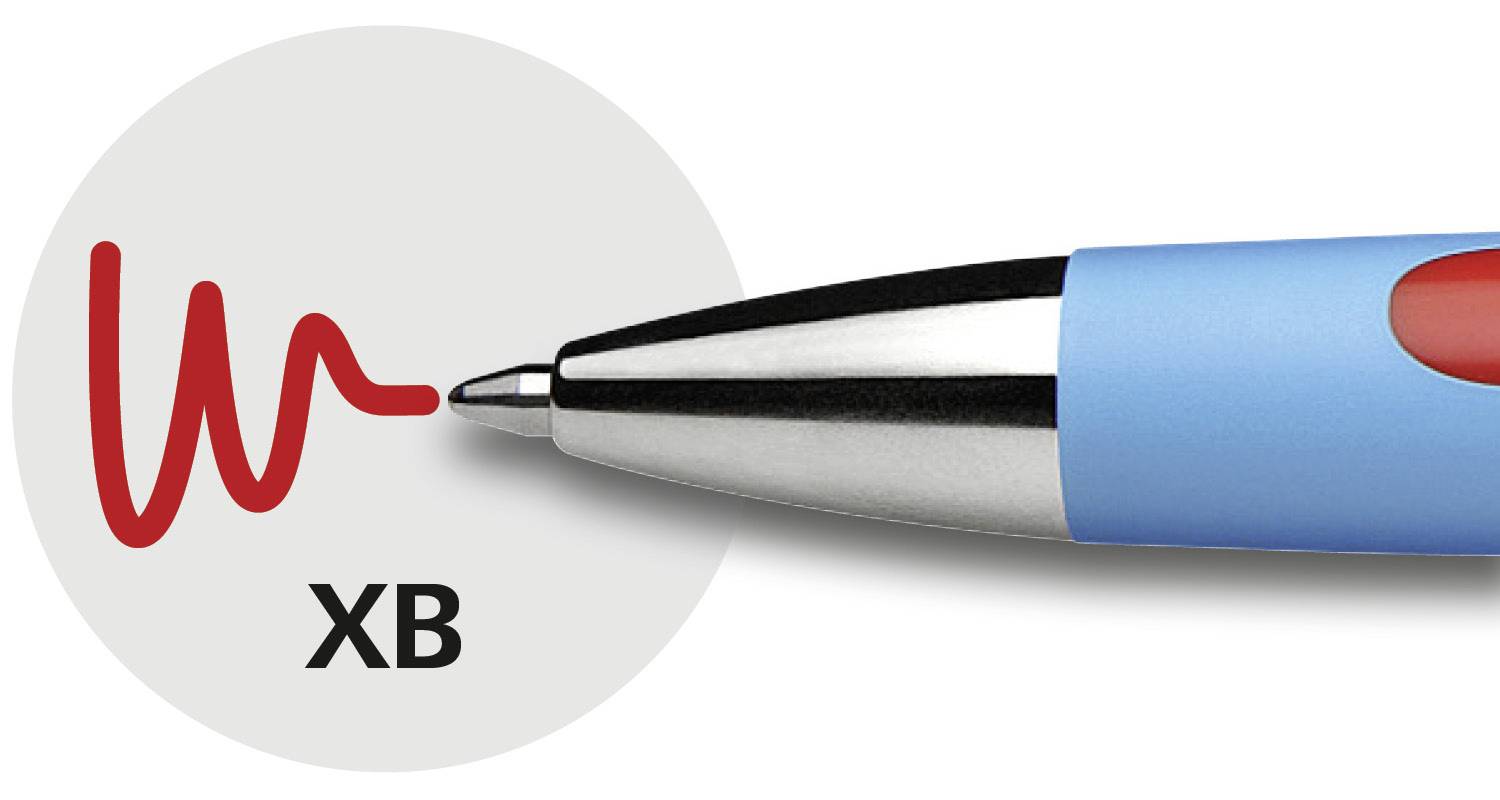 Un stylo à bille à boîtier bleu écrit une ligne rouge. À côté est inscrit 'XB'.