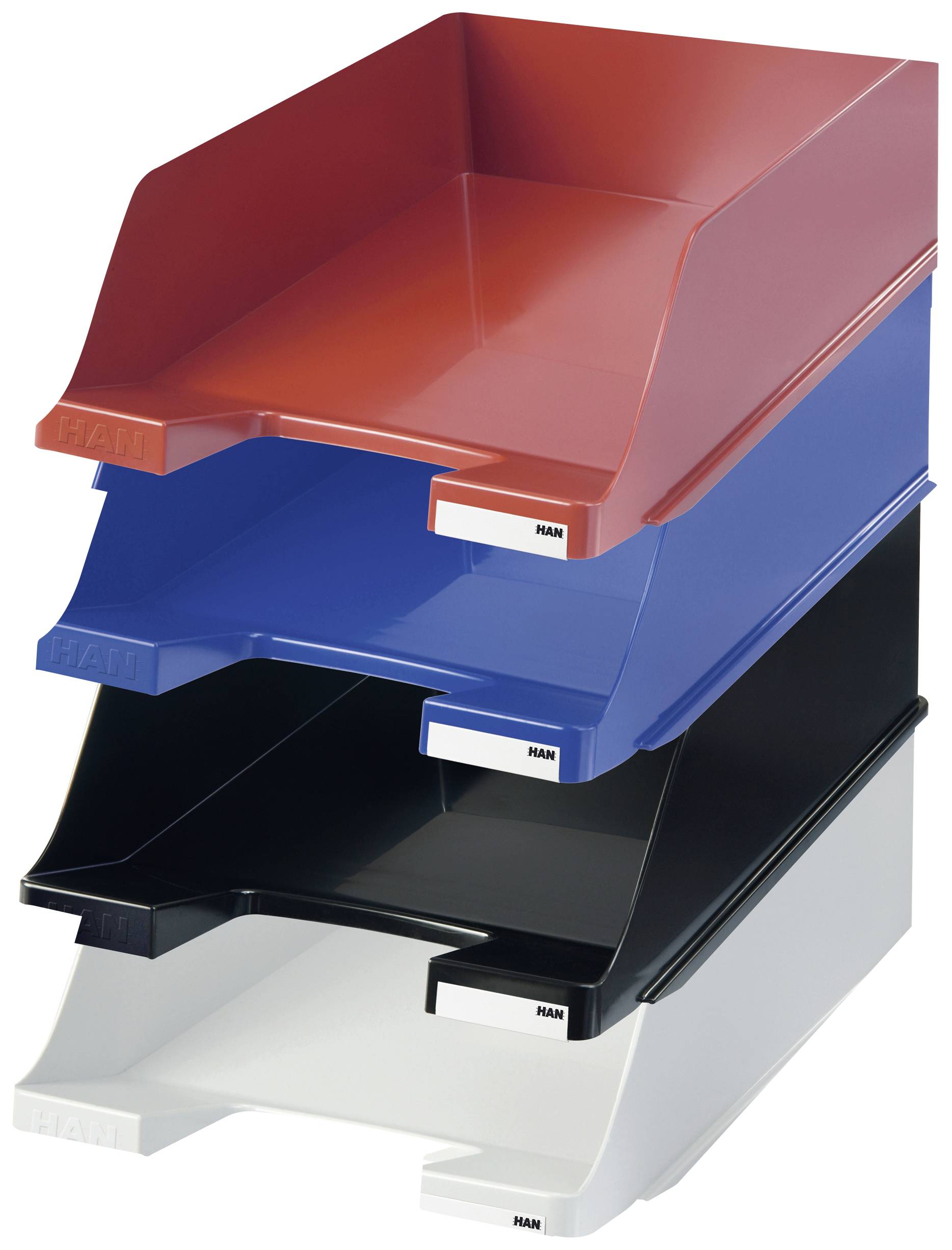 Quatre tiroirs empilables dans les couleurs Rouge, Bleu, Noir et Blanc. Ils sont conçus pour l'organisation des documents.