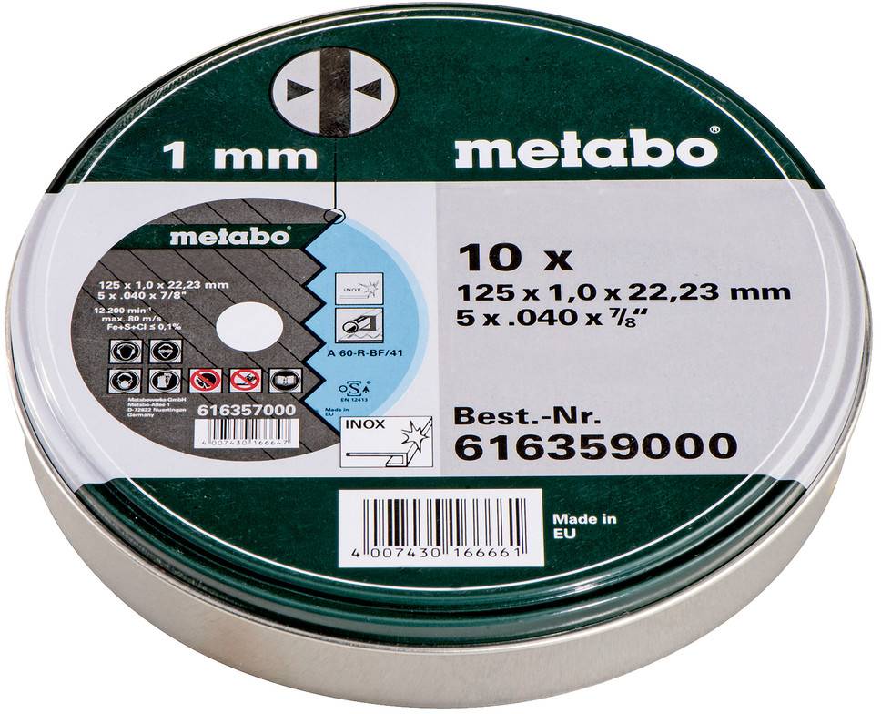 Ensemble de disques de coupe Metabo 1 mm emballé dans une boîte métallique étiqueté 10 x 125 x 1,0 x 22,23 mm, N° d'article 616359000