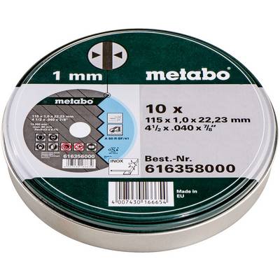 Paquet de disques à tronçonner Metabo étiqueté 10 x 115 x 1,0 x 22,23 mm, n° de référence 616358000, dans une boîte métallique ronde.