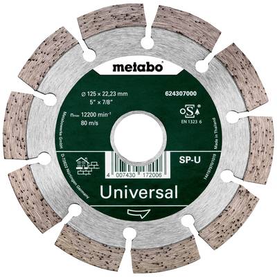 Disque à tronçonner de la marque Metabo, modèle Universal, diamètre 125 mm, vitesse maximale de 12 200 tr/min, adapté à divers matériaux.