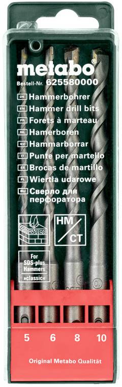 Ensemble de forets pour perceuse à percussion Metabo dans un étui en plastique, avec quatre forets étiquetés 5, 6, 8 et 10 mm et détails du produit multilingues.