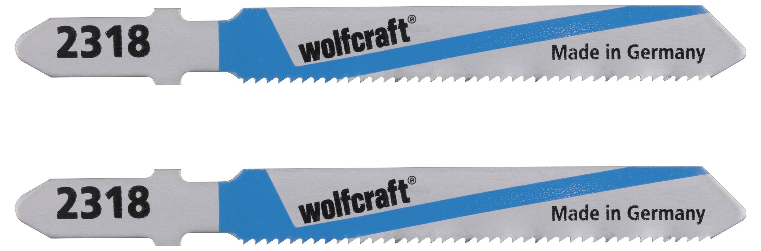 Deux lames de scie sauteuse de la marque 'wolfcraft', numéro de modèle 2318, avec l'inscription 'Made in Germany'.