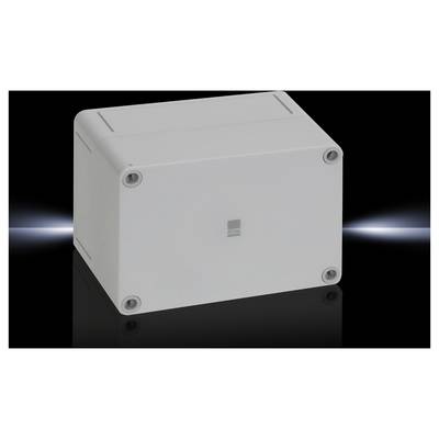 Boîtier en plastique gris, rectangulaire avec des coins arrondis et quatre vis aux angles. Il est posé sur une surface brillante noire.