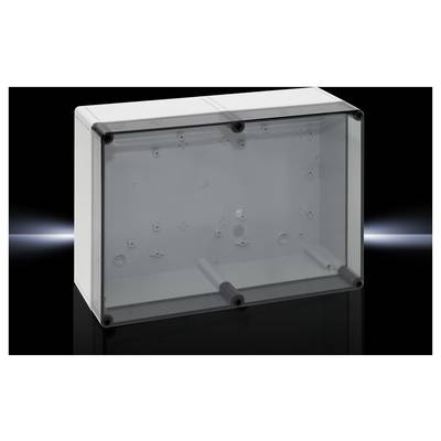 Boîte en plastique transparent avec couvercle amovible, montrant des supports internes et des points de fixation, sur un fond noir.
