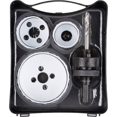 Coffret de couronnes de forage comprenant différentes couronnes de forage rondes et un foret, disposés sur un support en plastique noir.