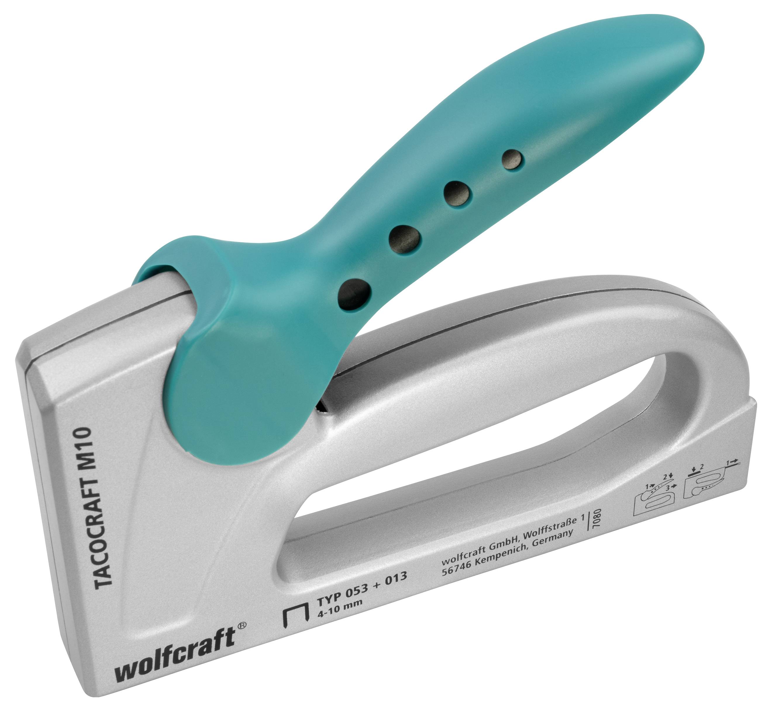 Un agrafeuse argentée avec une poignée verte, adaptée à l'utilisation de agrafes de 4 à 10 mm, fabriquée par Wolfcraft.