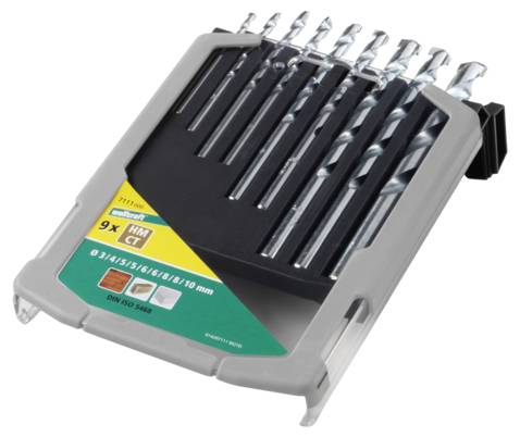 Un ensemble de 9 forets métalliques de différentes tailles allant de 3 à 10 mm, rangés dans un support gris avec une étiquette distinctive vert et jaune.