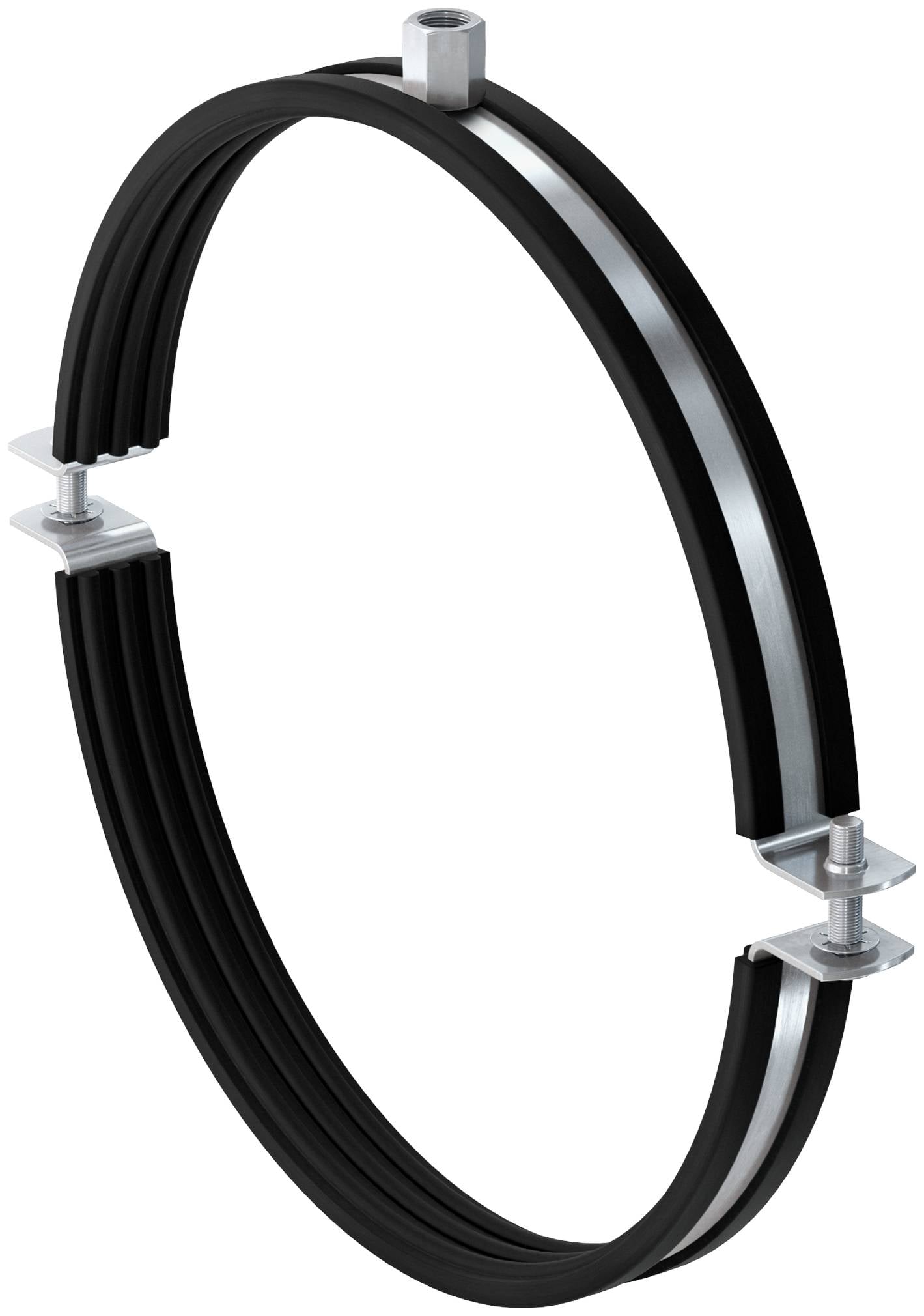 Serre-tuyau circulaire noir avec supports en métal argenté et boulons, présenté dans une vue de style produit sur fond blanc.