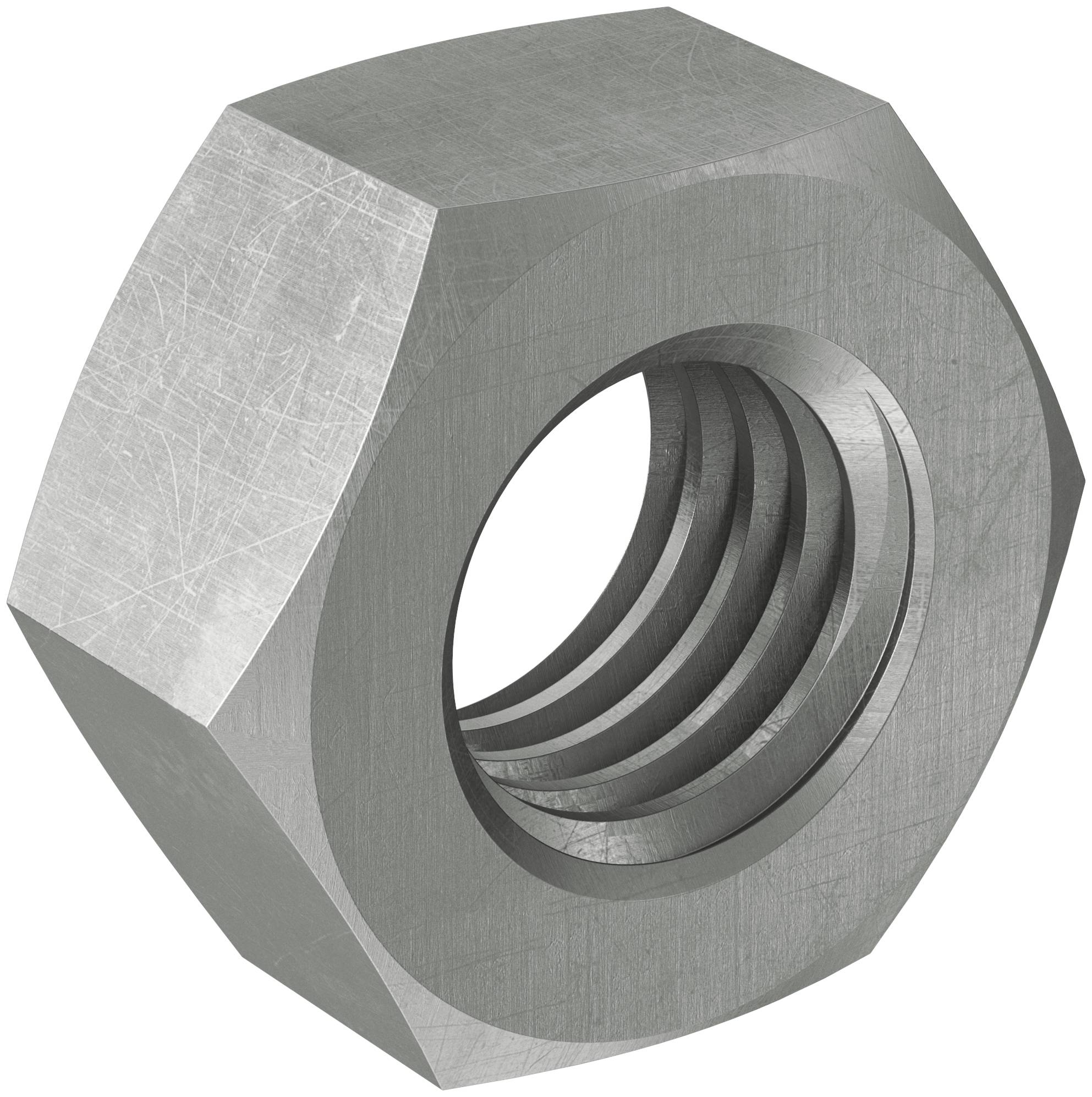 Gros plan d'un écrou hexagonal en argent avec des filetages internes, présenté sur un fond blanc.