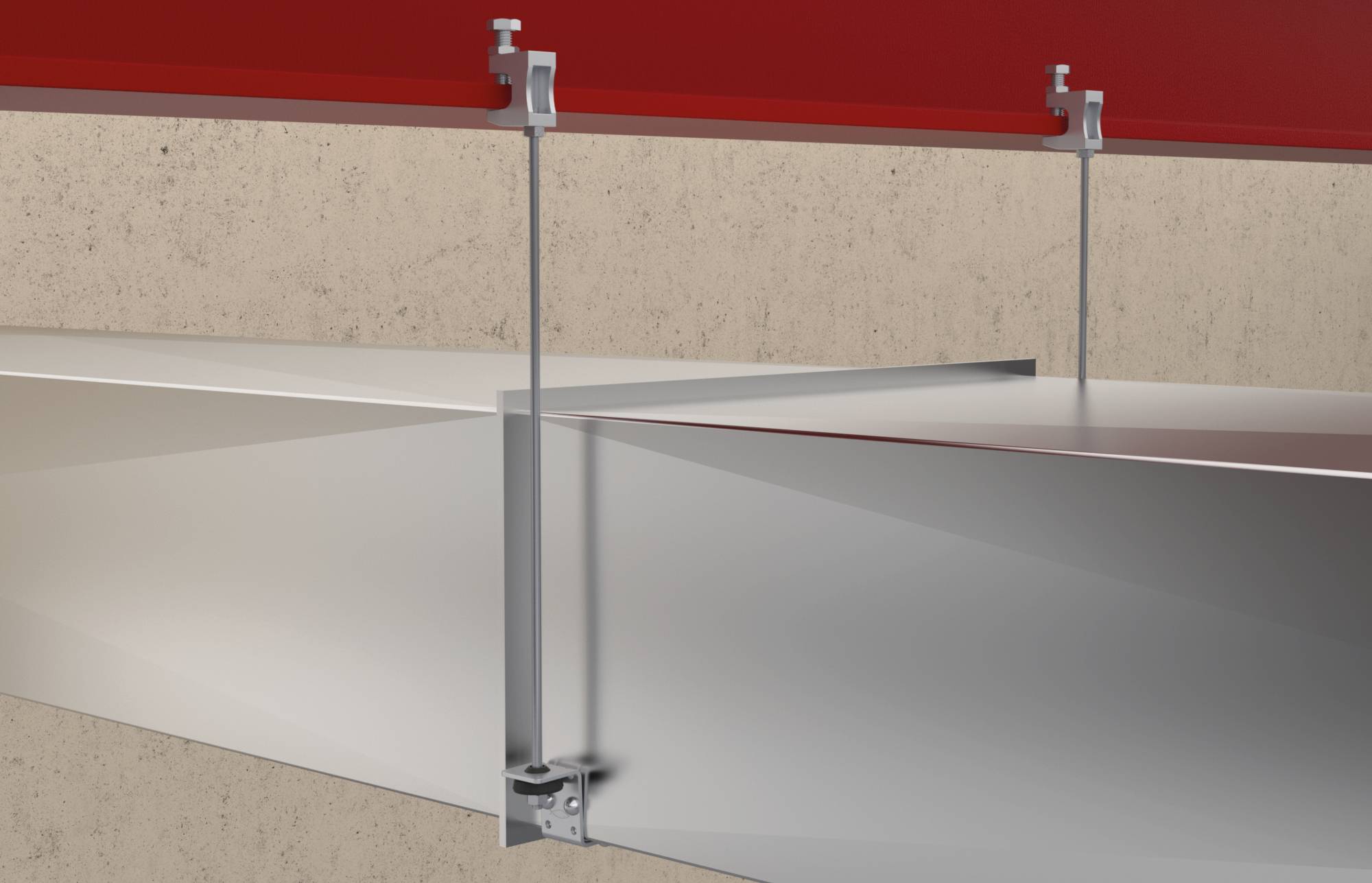 Supports de suspension pour plafond métallique et tiges filetées soutenant une poutre horizontale ou un conduit contre un mur.