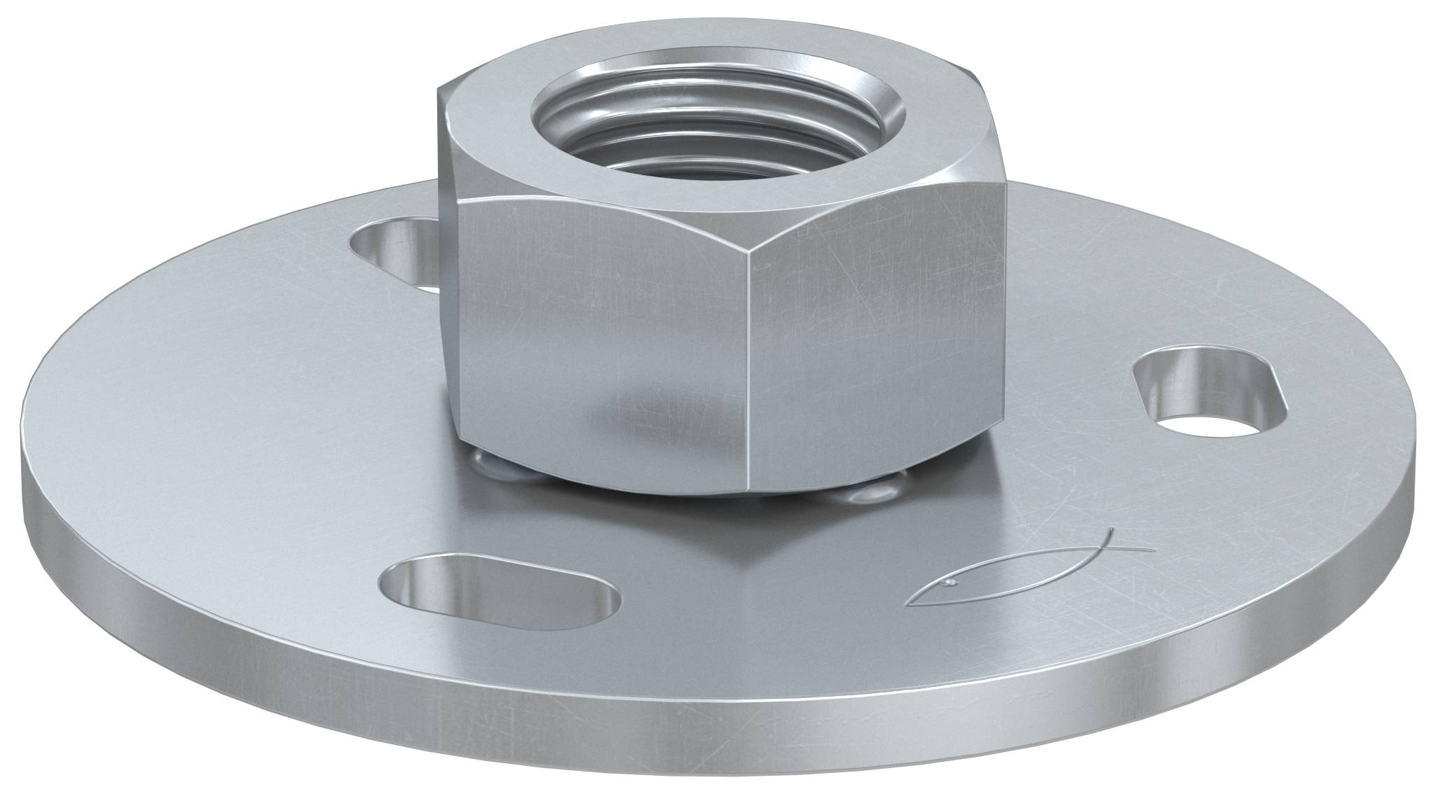 Écrou hexagonal en métal sur une rondelle plate ronde avec deux trous de montage à fente.