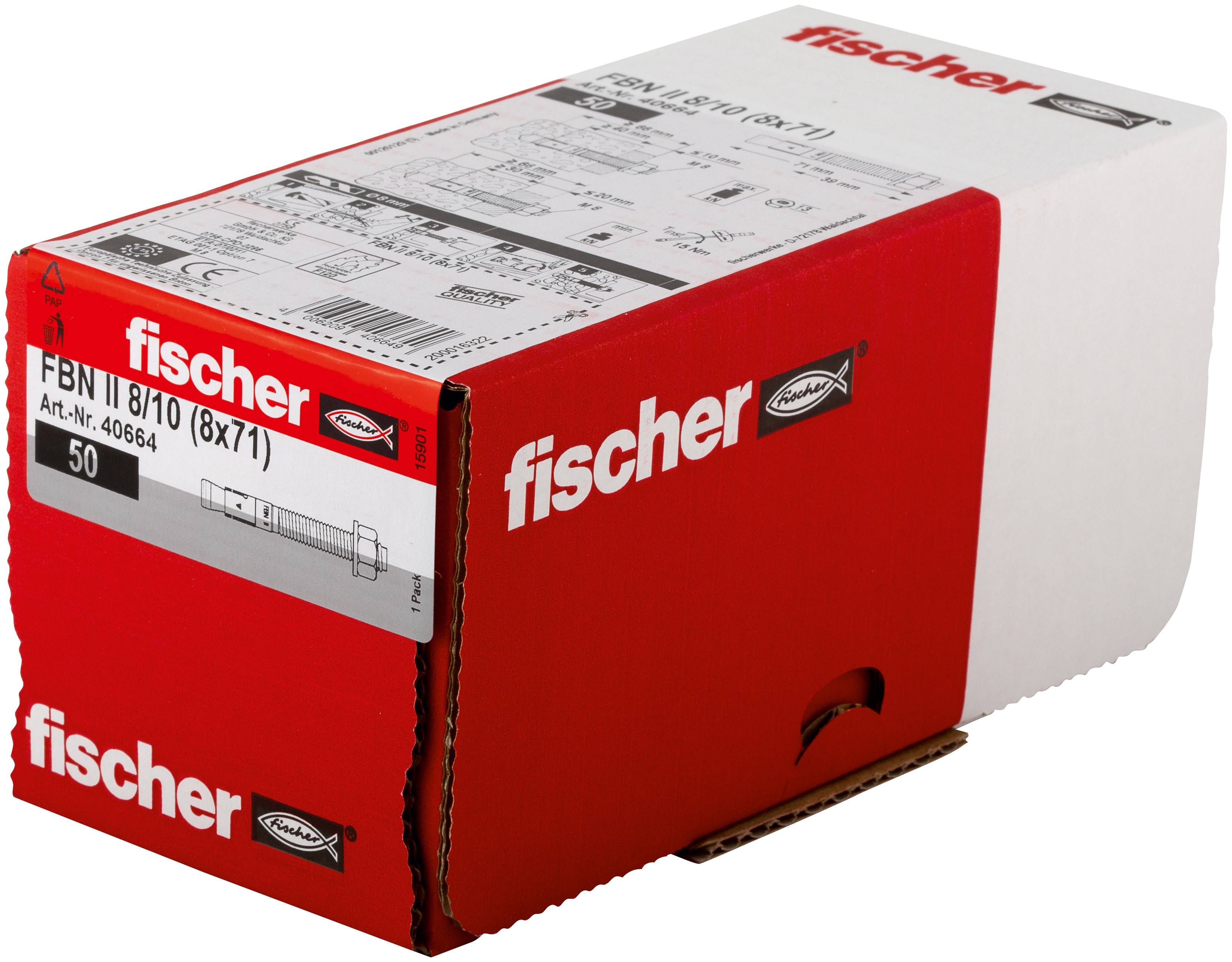 Boîte produit Red Fischer étiquetée « FBN II 8/10 (8x71) » et « 50 », probablement des fixations d'ancrage, présentée sur un fond blanc.