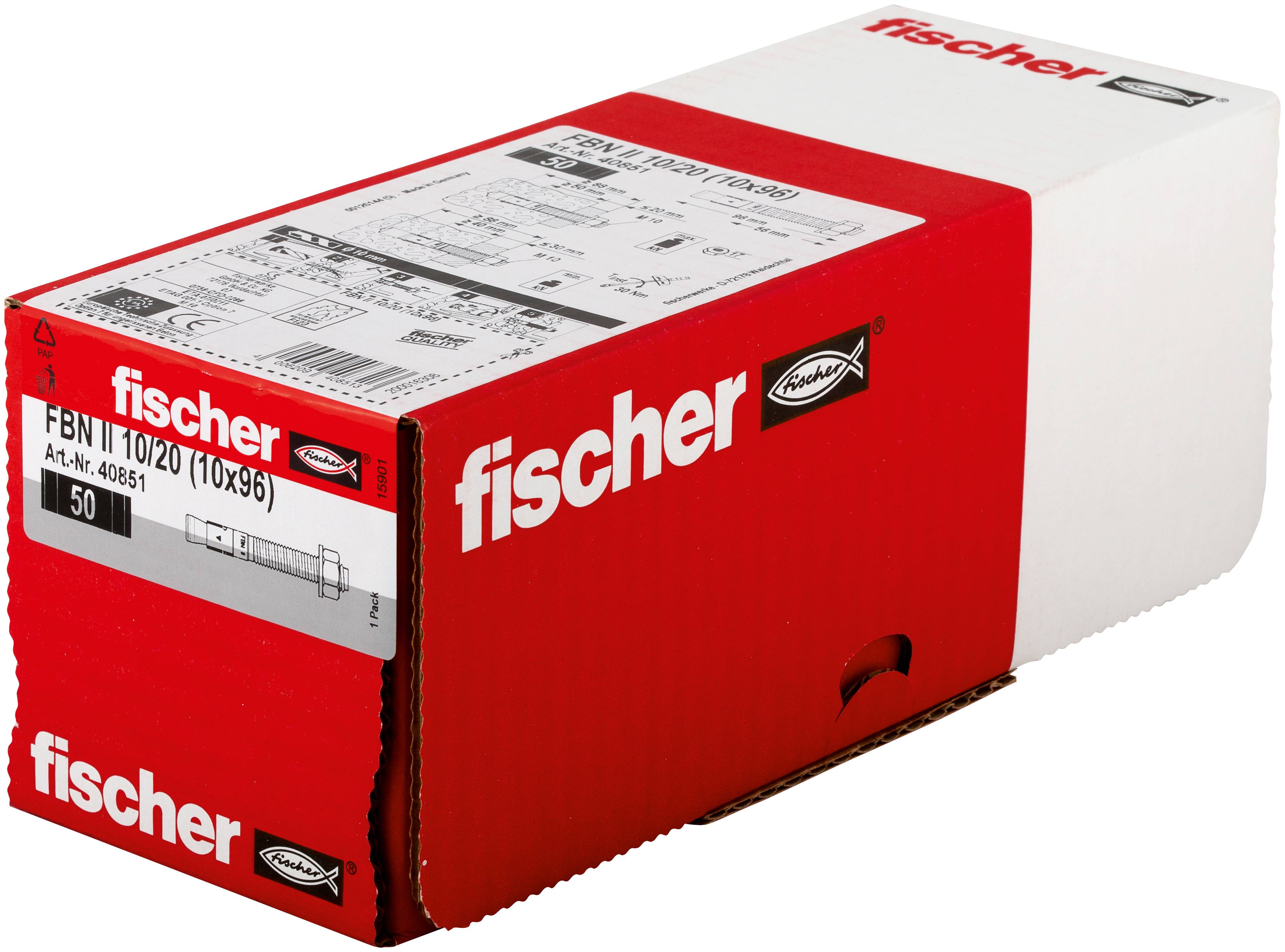 Boîte de produit Fischer rouge et blanc, étiquetée « FBN II 10/20 (10x96) », pour chevilles d'ancrage ou fixations.