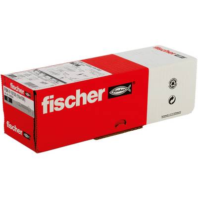 Boîte de produit Fischer rouge et blanche avec étiquettes imprimées et logo, présentée en angle sur un fond blanc.