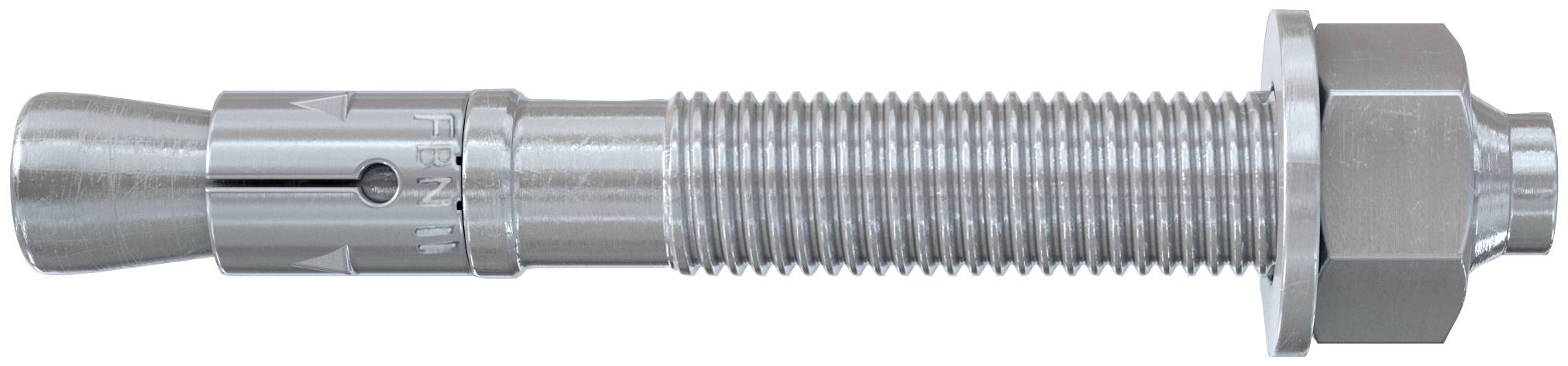 Un boulon d'ancrage d'expansion en métal argenté avec une tige filetée, une pointe conique et un écrou hexagonal, présenté horizontalement sur un fond blanc.