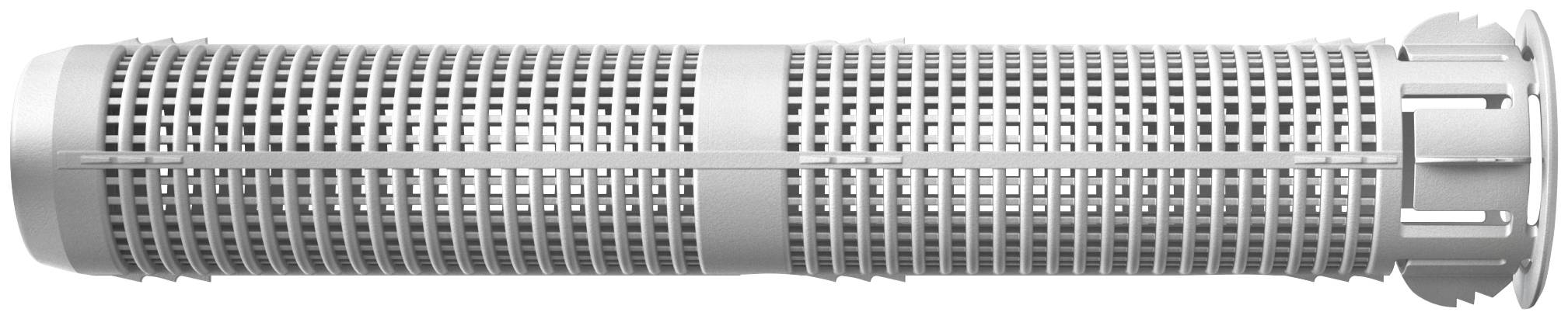 Cartouche de filtre ou de tamis cylindrique en métal perforé gris avec embouts, présenté horizontalement sur fond blanc.