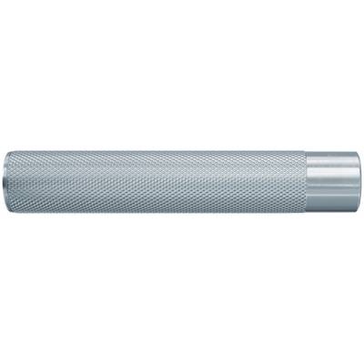 Poignée cylindrique en métal cannelé avec un embout argenté lisse, présenté horizontalement sur un fond blanc.