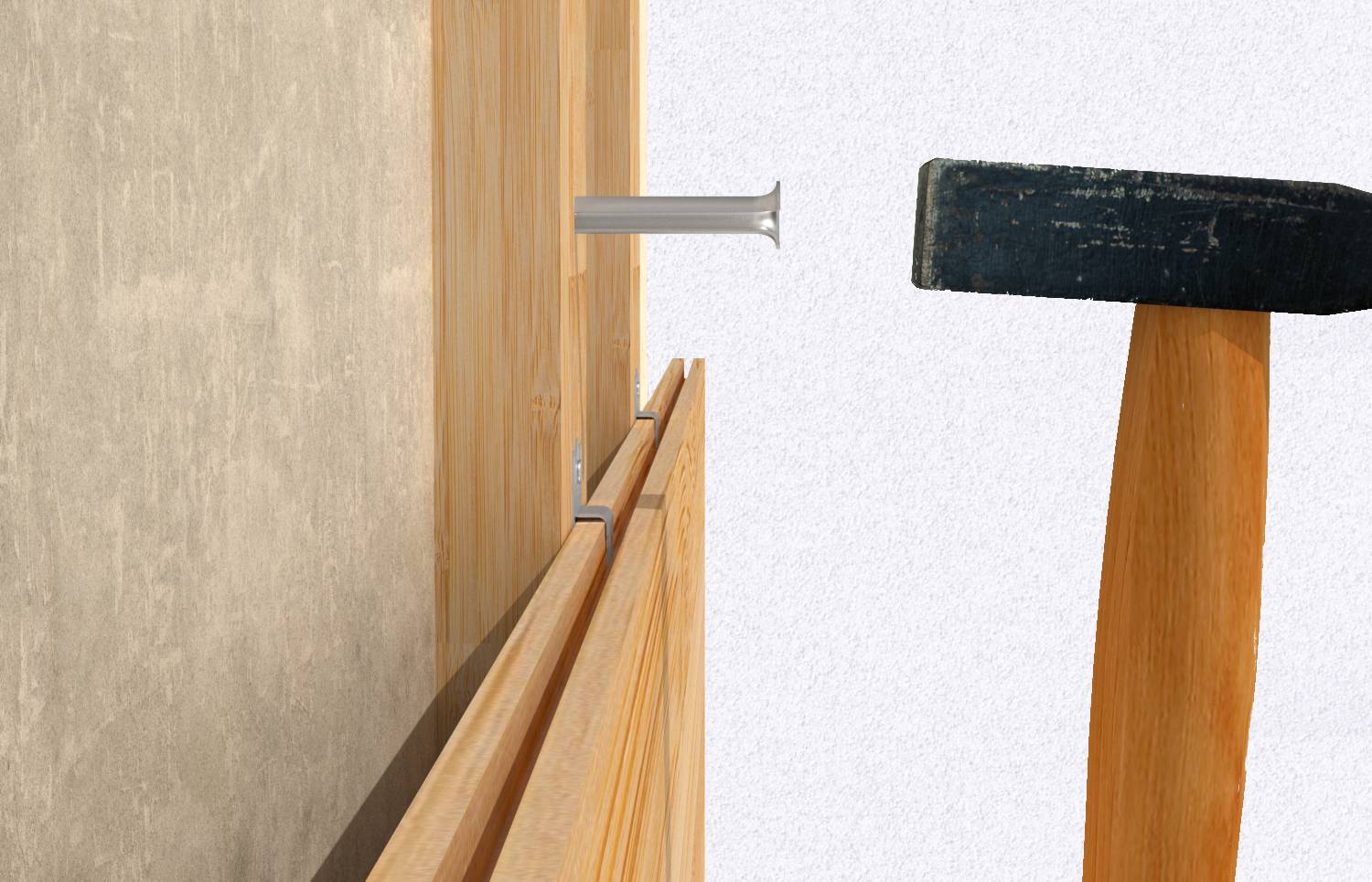Gros plan d'un clou enfoncé dans une planche de bois avec un marteau, montrant une tâche de construction ou de menuiserie.