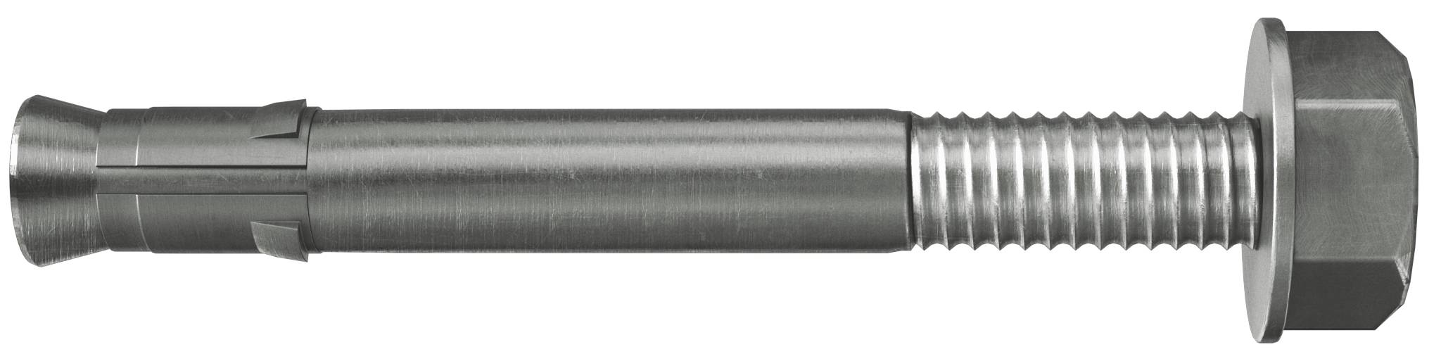 Boulon d'ancrage à expansion métallique avec extrémité filetée et écrou hexagonal, présenté isolé sur fond blanc.