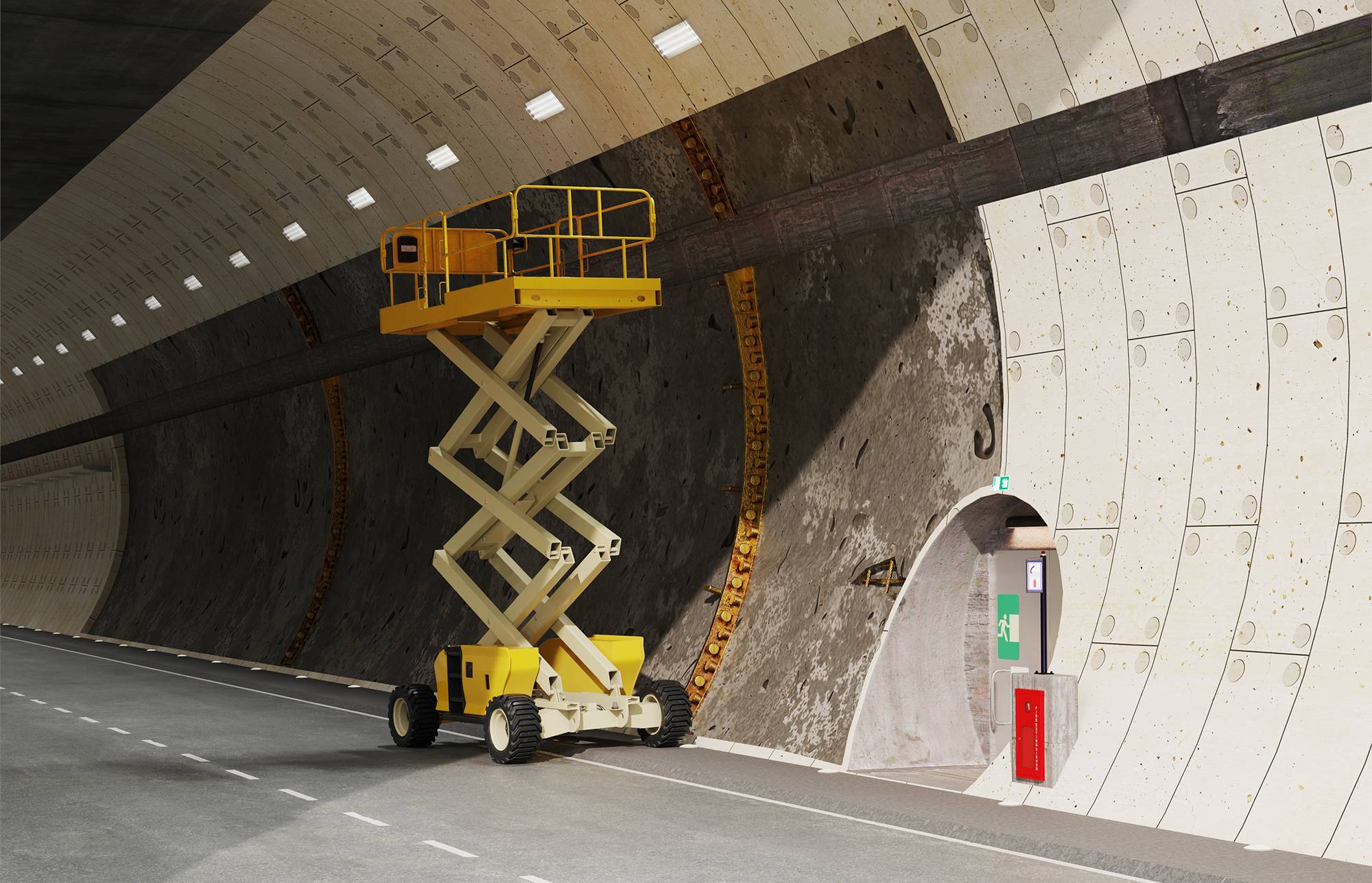 Un élévateur à ciseaux garé à l'intérieur d'un tunnel, s'étendant jusqu'au plafond courbe près d'une porte et d'un placard d'extincteur d'incendie.
