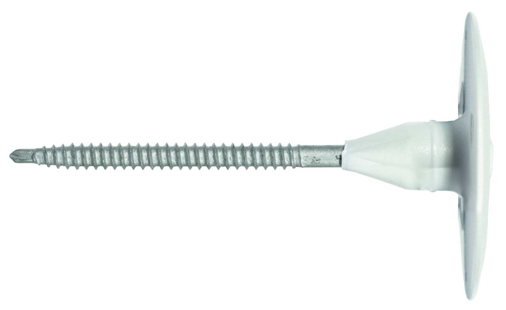 Gros plan d'une vis de toiture isolante en plastique blanc avec une large tête de rondelle, présentée horizontalement sur un fond uni.