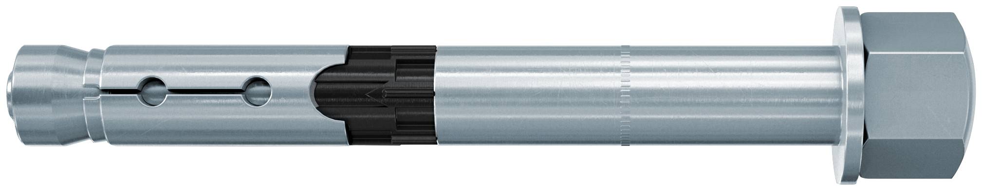 Boulon d'ancrage extensible en métal avec manchon fendu et écrou hexagonal sur fond blanc.