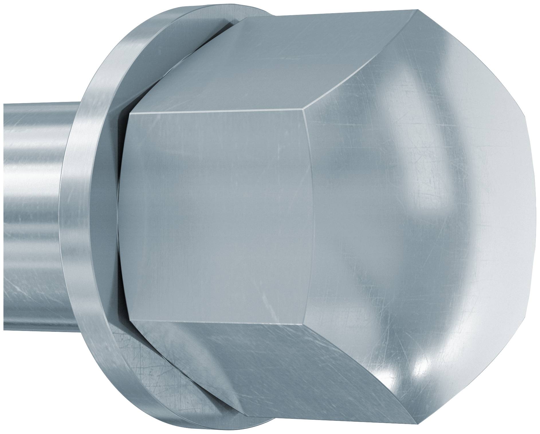 Gros plan d'un boulon ou d'un écrou en métal argenté avec un capuchon bombé et une base hexagonale sur un fond blanc.