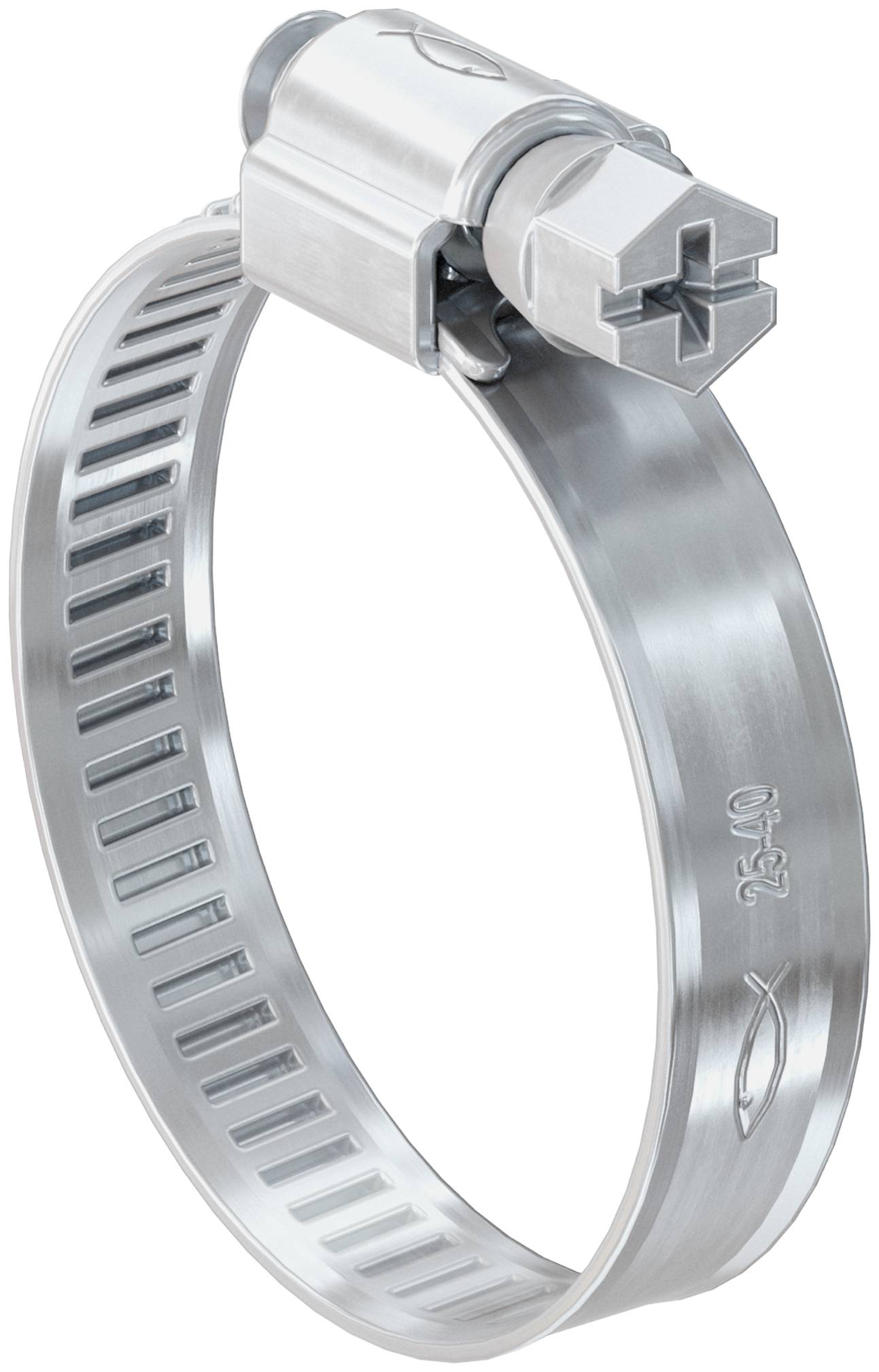 Un collier de tuyau en acier inoxydable avec un mécanisme de serrage par vis, montré sur un fond blanc.
