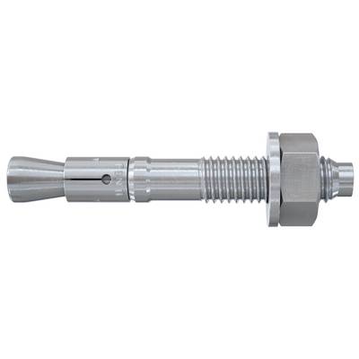 Boulon d'ancrage en expansion métallique avec manchon conique, corps fileté et écrou hexagonal sur fond blanc.