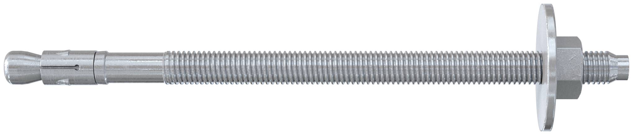 Boulon d'expansion métallique avec tige filetée longue, rondelle et écrou, présenté horizontalement sur un fond blanc.