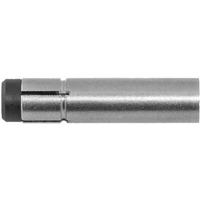 Gros plan d'un tuyau cylindrique métallique ou d'un connecteur avec un capuchon d'extrémité foncé sur la gauche, présenté sur un fond uni.