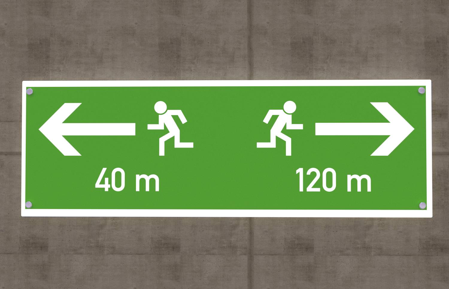 Panneau vert d'issue de secours montrant une flèche pointant vers la gauche indiquant « 40 m » et une flèche pointant vers la droite indiquant « 120 m », avec des icônes de personne qui court indiquant les directions de sortie.