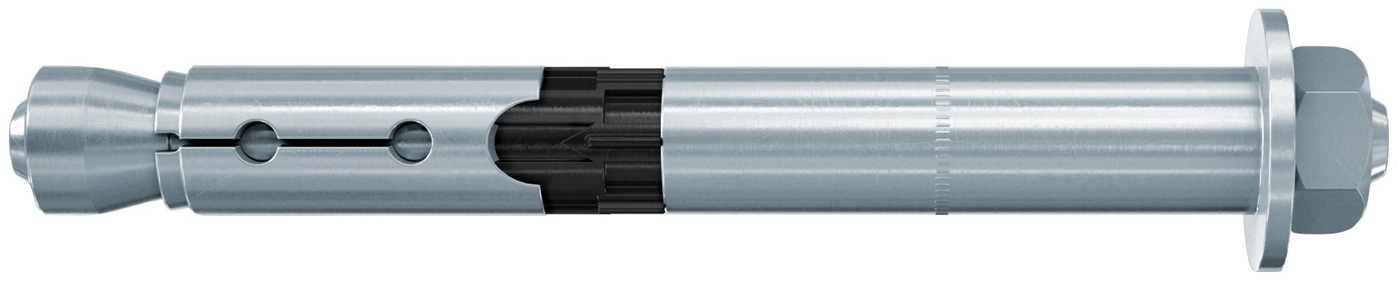 Fixateur ou connecteur cylindrique métallique avec une tête hexagonale, une section de verrouillage centrale noire, et une extrémité filetée, présenté horizontalement sur un fond blanc.