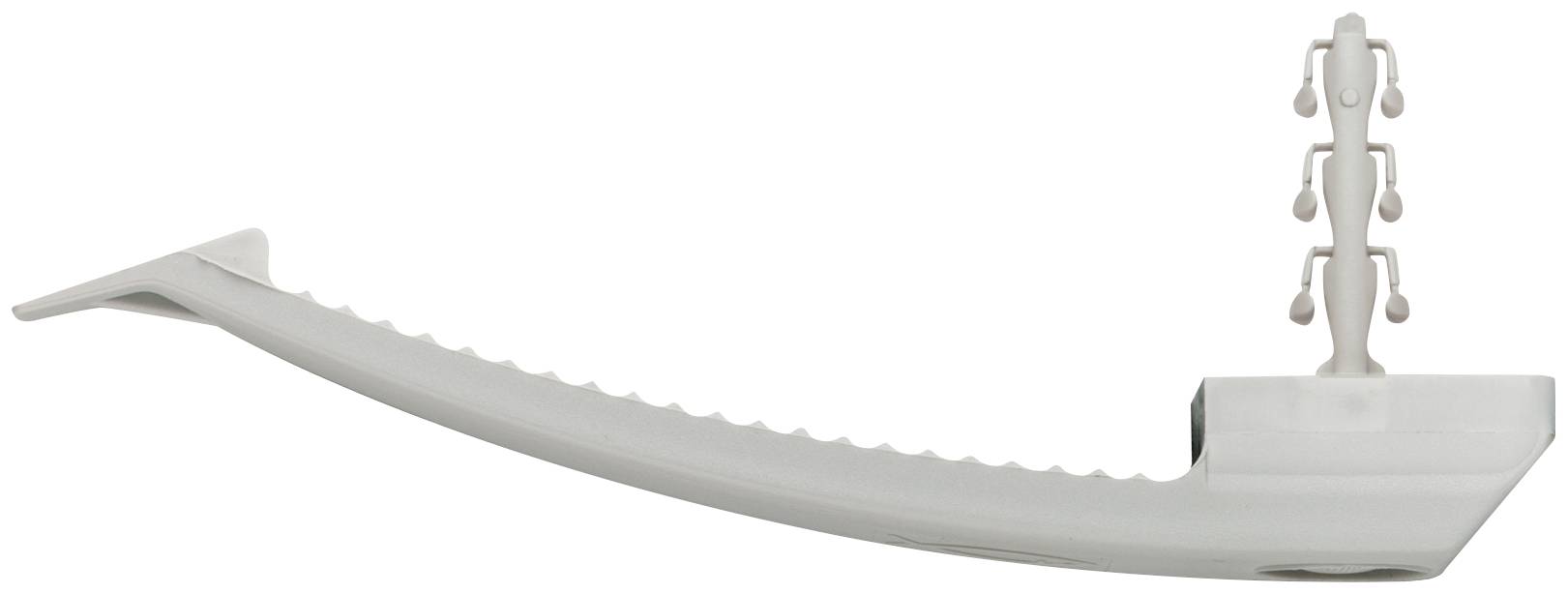 Implant spinal blanc avec une longue tige courbe et des connecteurs empilés ressemblant à des vertèbres présentés sur un fond uni.