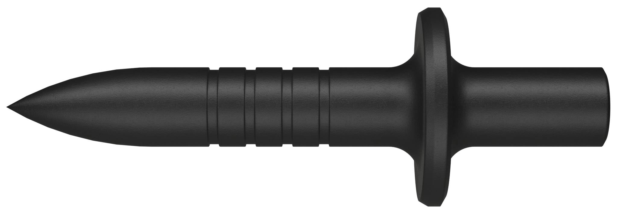 Objet cylindrique noir avec une pointe conique pointue et une bride, ressemblant à un pic en plastique ou à un connecteur sur fond blanc