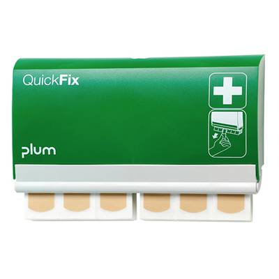 Distributeur de pansements vert Plum avec l'inscription 'QuickFix'. Contient des pansements de couleur chair et présente un symbole d'utilisation.